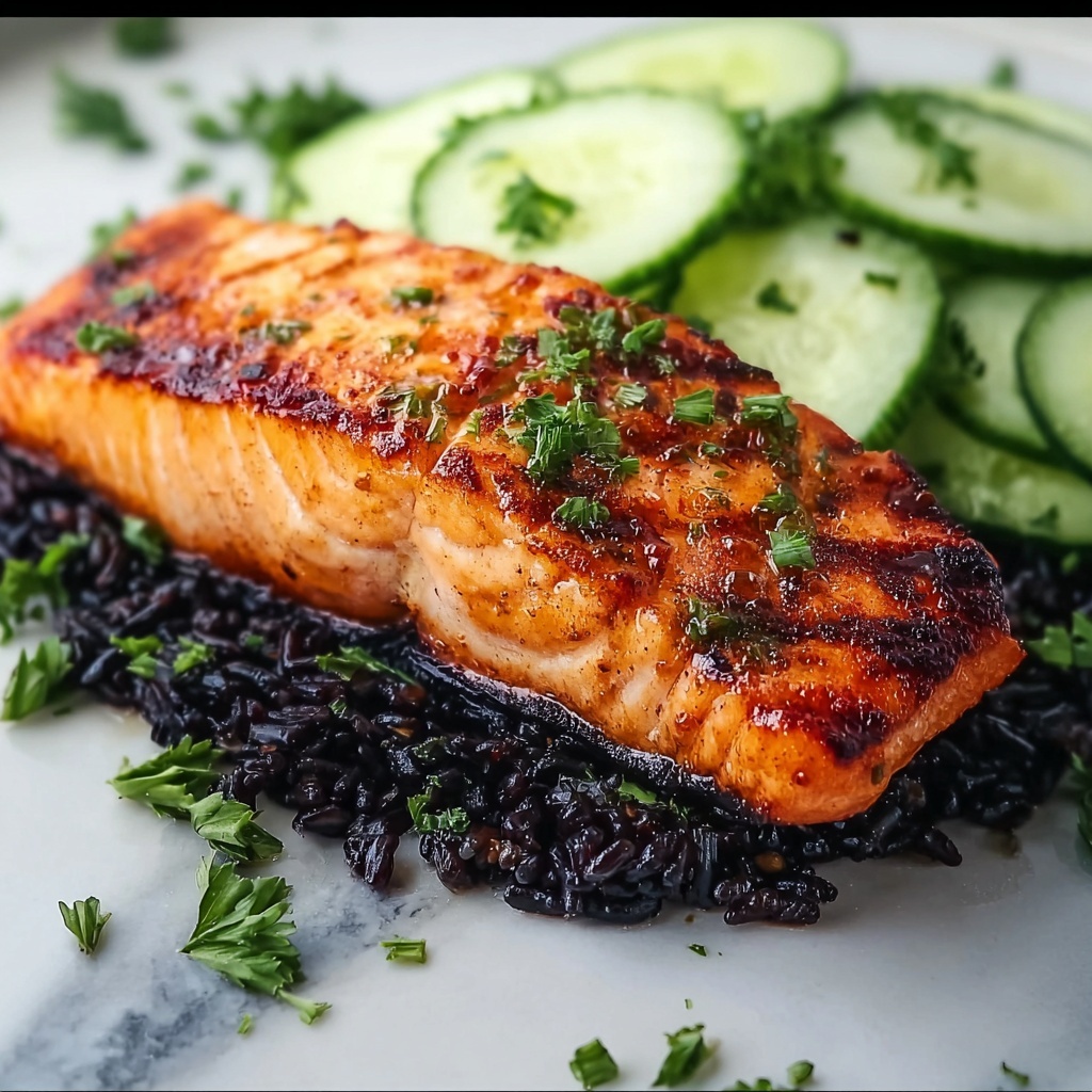 Grilled Salmon with Black Rice and Creamy Cucumber Salad Recipe - Recipe Image