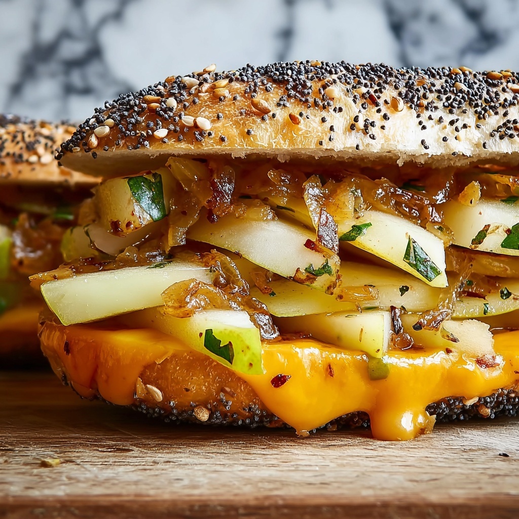 Pear Apple Cheddar Caramelized Onion Grilled Cheese Bagel Sandwich Recipe - Recipe Image