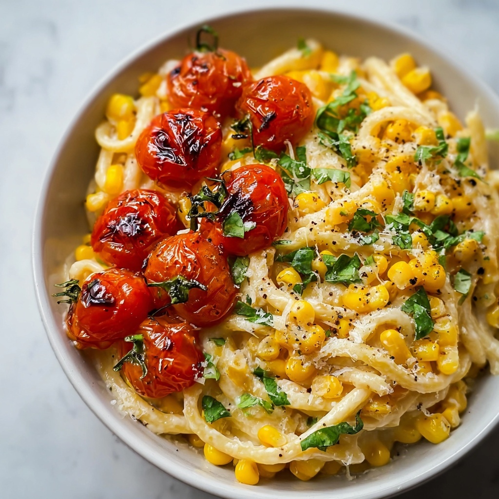 Pasta with Cherry Tomatoes, Roasted Red Peppers, and Corn Recipe - Recipe Image