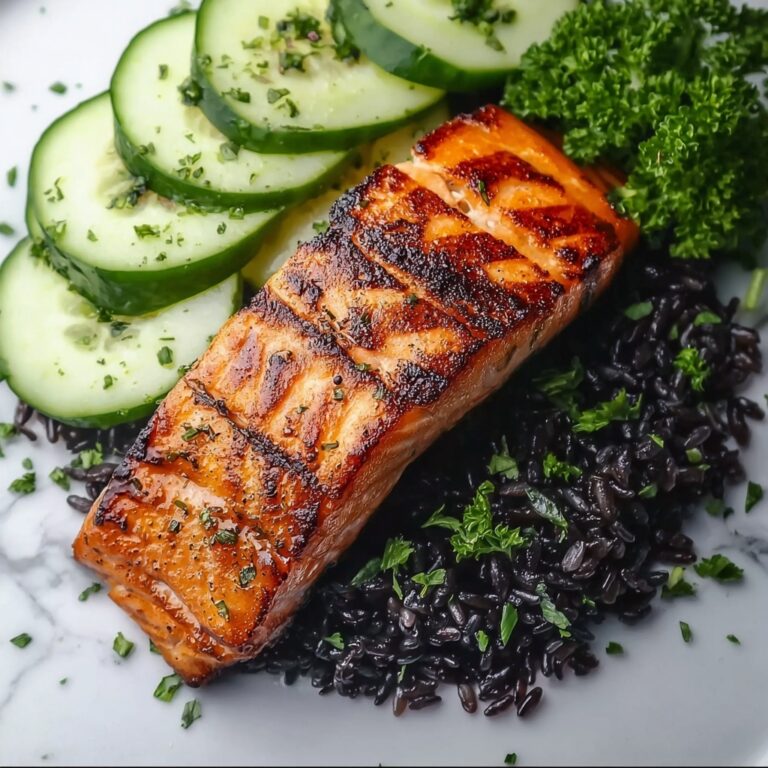 Grilled Salmon with Black Rice and Creamy Cucumber Salad Recipe