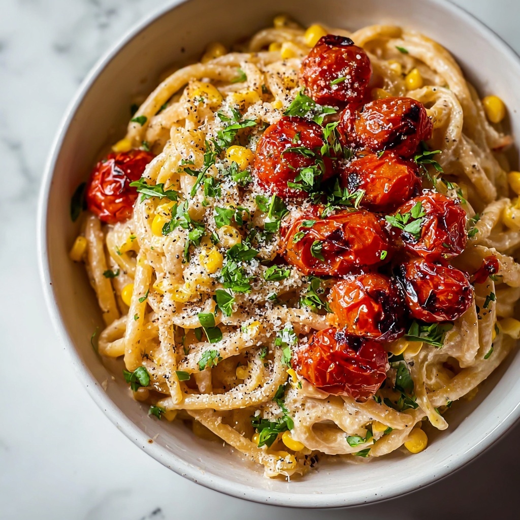 Pasta with Cherry Tomatoes, Roasted Red Peppers, and Corn Recipe - Recipe Image