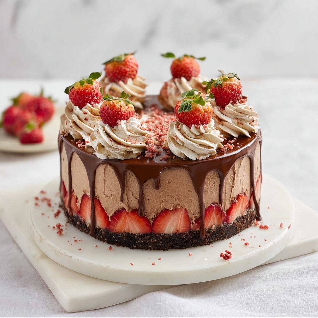 Vegan Strawberry Chocolate Fudge Cake (No-Bake) Recipe - Recipe Image