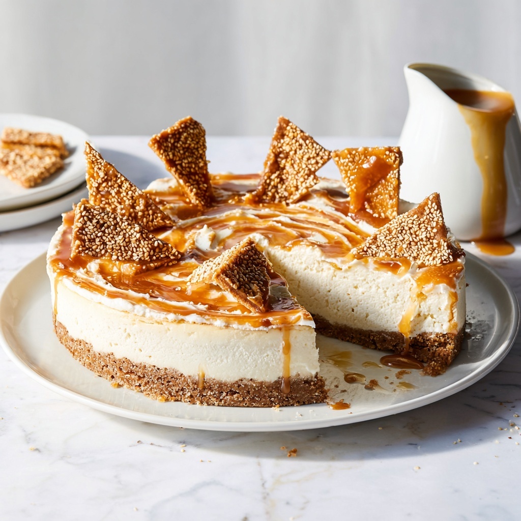 Vegan Tahini Cheesecake with Sesame Brittle and Caramel Drizzle Recipe - Recipe Image
