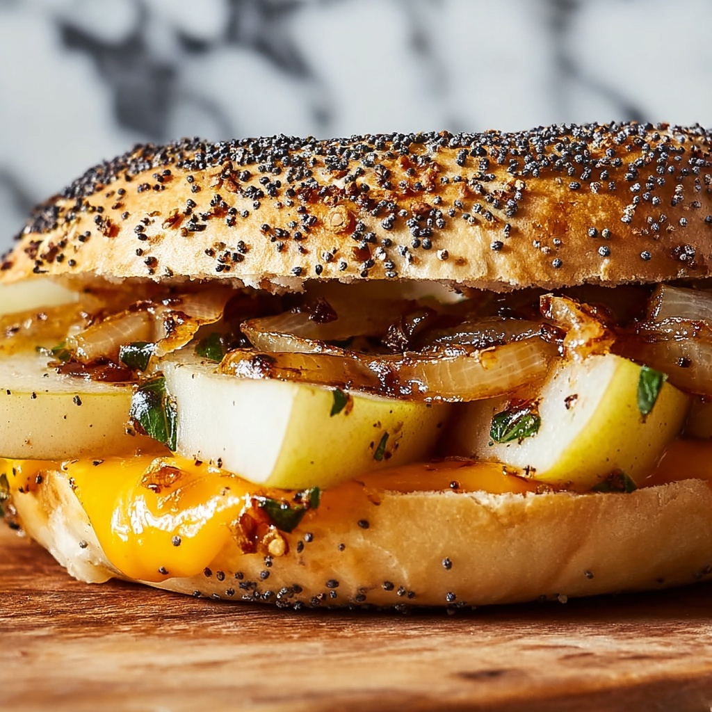 Pear Apple Cheddar Caramelized Onion Grilled Cheese Bagel Sandwich Recipe - Recipe Image