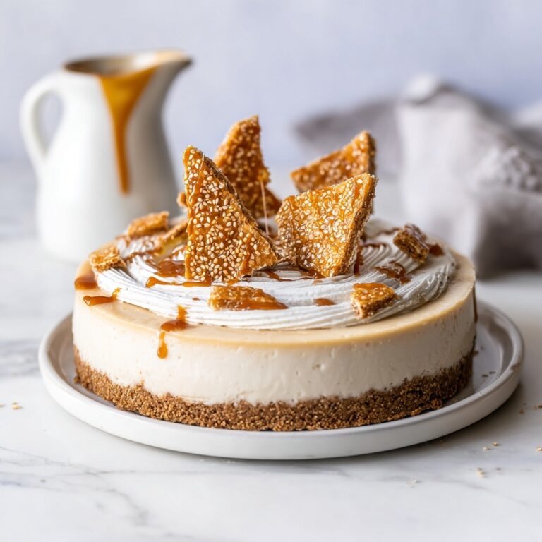 Vegan Tahini Cheesecake with Sesame Brittle and Caramel Drizzle Recipe