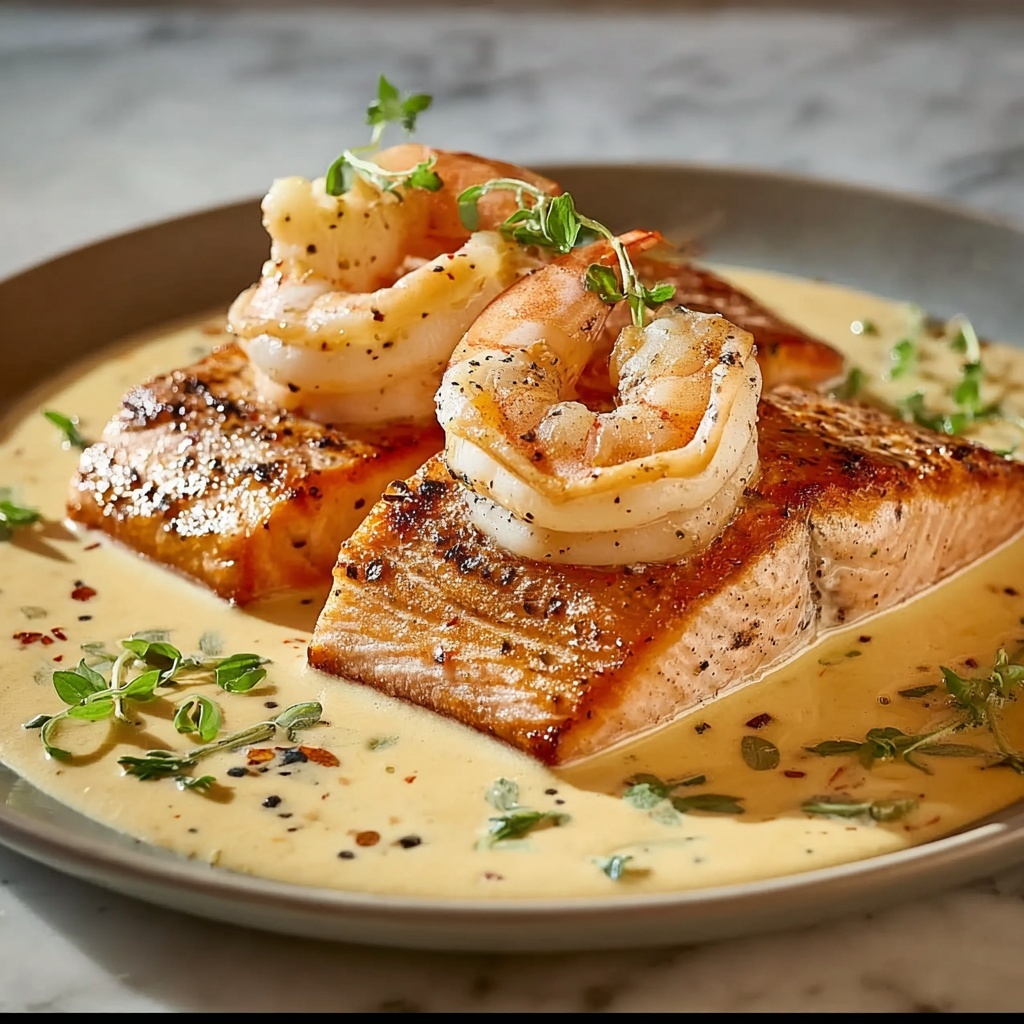 Salmon and Shrimp with Creamy Garlic Sauce Recipe - Recipe Image