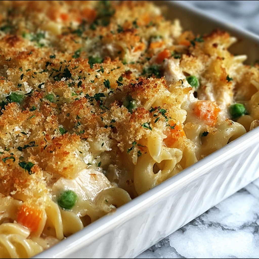 Creamy Chicken Noodle Casserole With Mushrooms, Cheddar, and Ritz Cracker Topping Recipe - Recipe Image