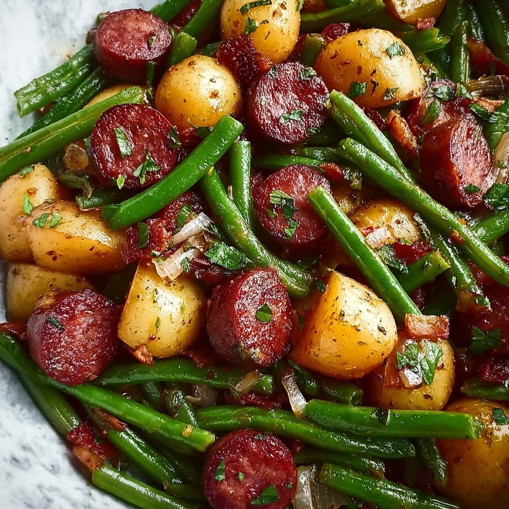 Sautéed Potatoes and Green Beans with Smoked Sausage Recipe - Recipe Image