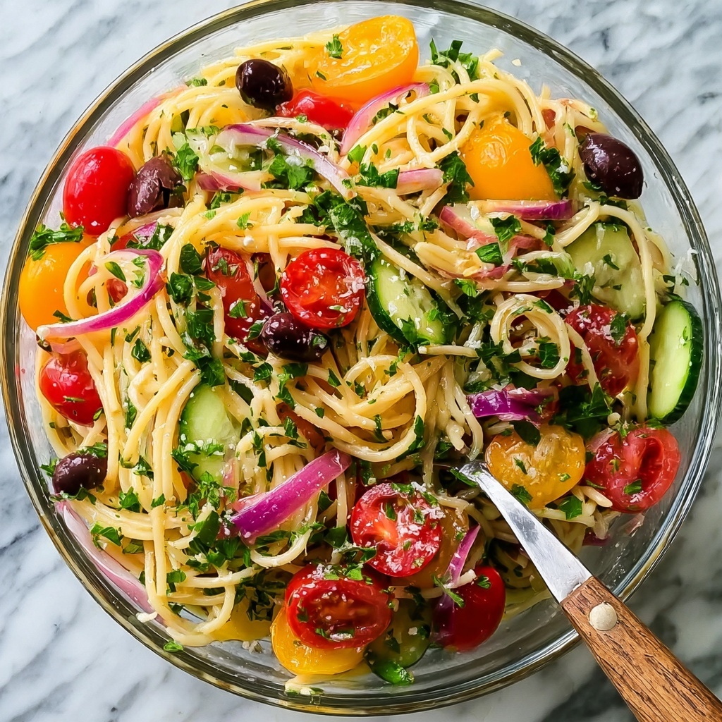 Spaghetti Salad with Cherry Tomatoes, Cucumbers, and Parmesan Recipe - Recipe Image