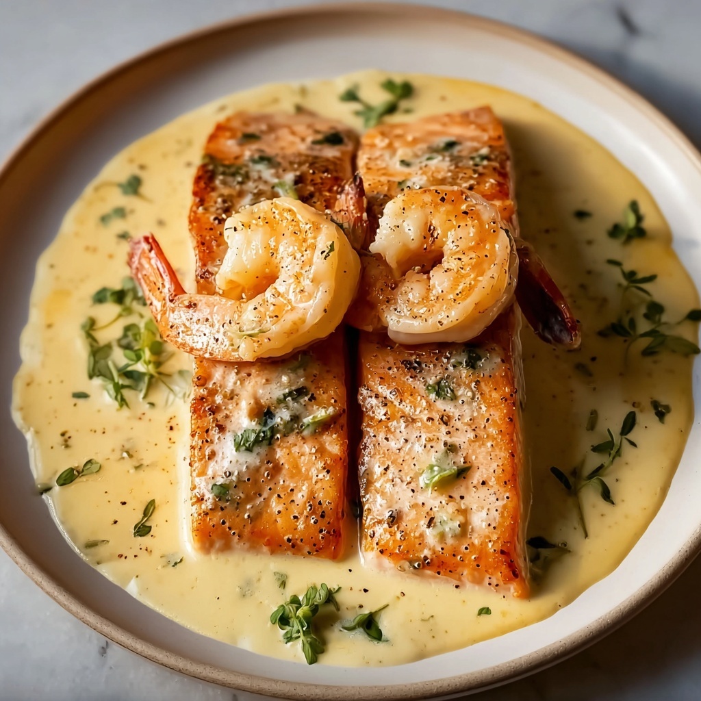 Salmon and Shrimp with Creamy Garlic Sauce Recipe - Recipe Image