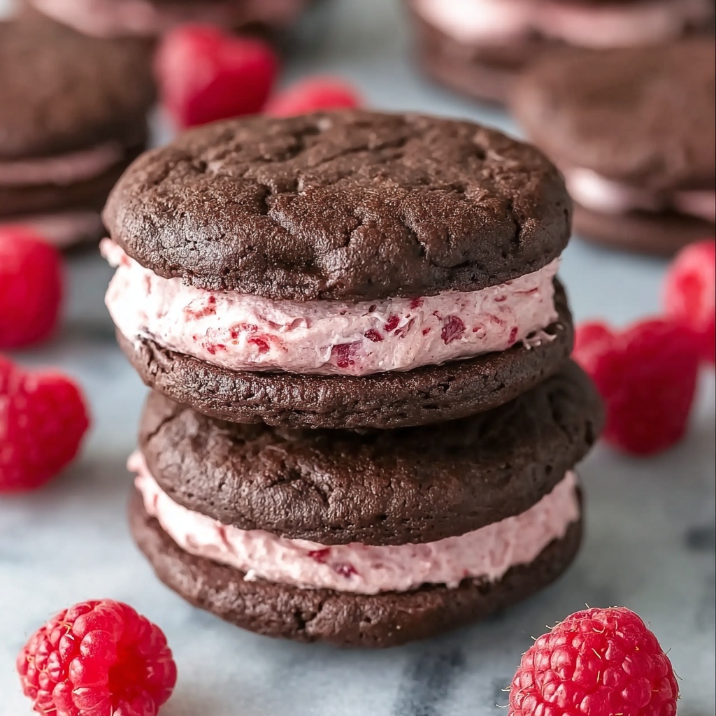 Chocolate Raspberry Sandwich Cookies with Ganache Drizzle Recipe - Recipe Image