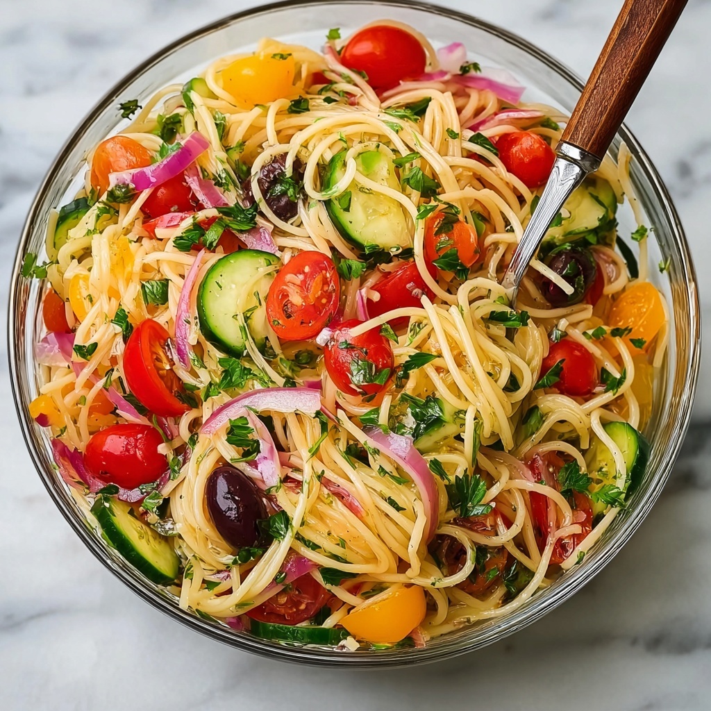 Spaghetti Salad with Cherry Tomatoes, Cucumbers, and Parmesan Recipe - Recipe Image